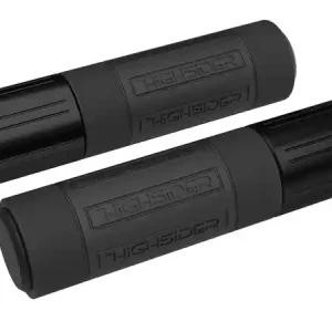 Neue Kollektion HIGHSIDER CONERO Lenkergriffgummi, mit Aluminiumringe, mit abnehmbaren Endkappen, für 7/8 Zoll (22 mm) Lenker. Erhällich in Schwarz glanz mit polierten Fasen oder als ganz in Schwarz matt gehaltene - BLACK EDITION -.