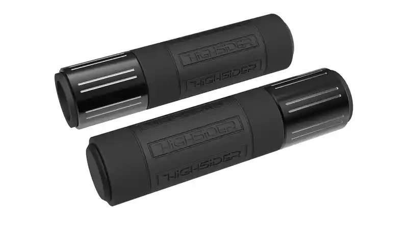 HIGHSIDER CONERO Lenkergriffgummi, mit Aluminiumringe, mit abnehmbaren Endkappen, für 7/8 Zoll (22 mm) Lenker. Erhällich in Schwarz glanz mit polierten Fasen oder als ganz in Schwarz matt gehaltene - BLACK EDITION -. Kostenloser Rückversand