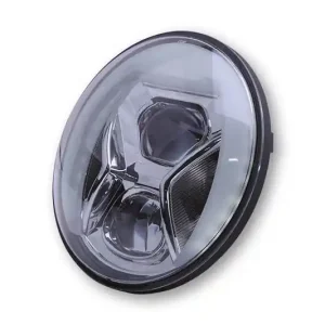 Preiswert 7 Zoll LED Hauptscheinwerfereinsatz TYP 8, mit Tagfahr-, Positions- und Kurvenlicht, rund, erhältlich in Reflektor Schwarz / Glas getönt oder Reflektor Chrom / Glas klar, E-geprüft.