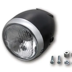 Abverkauf DAYTONA H4-Scheinwerfer 5 3/4 Zoll VINTAGE,  mit seitlicher Befestigung, Metallgehäuse schwarz mit Tachoausschnitt, mit Standlicht, E-geprüft.