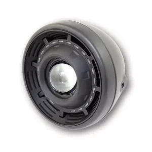 Kostenloser Rückversand SHIN YO Ellipsoid-Scheinwerfer CYCLOPS mit elektronischer Blende für Abblend-, und Fernlicht, ringförmige LED-Positionsleuchte, Metallgehäuse schwarz matt, rund, seitliche Befestigung, E-geprüft