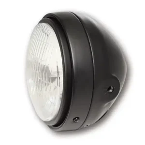 Markenprodukt SHIN YO 5-3/4 Zoll Hauptscheinwerfer, geriffeltes Glas mit Standlicht, schwarz mattes Metallgehäuse, H4, 12V 60/55 W, seitliche Befestigung, E-geprüft. (1Stk.)