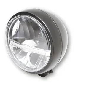 Meistverkauft HIGHSIDER 5 3/4 Zoll LED Hauptscheinwerfer JACKSON, schwarzes Metallgehäuse, rund, chrom Einsatz und klares Glas, Fern-, Abblendlicht und LED Standlicht Leiste (light guide system), , untere Befestigung, E-geprüft.